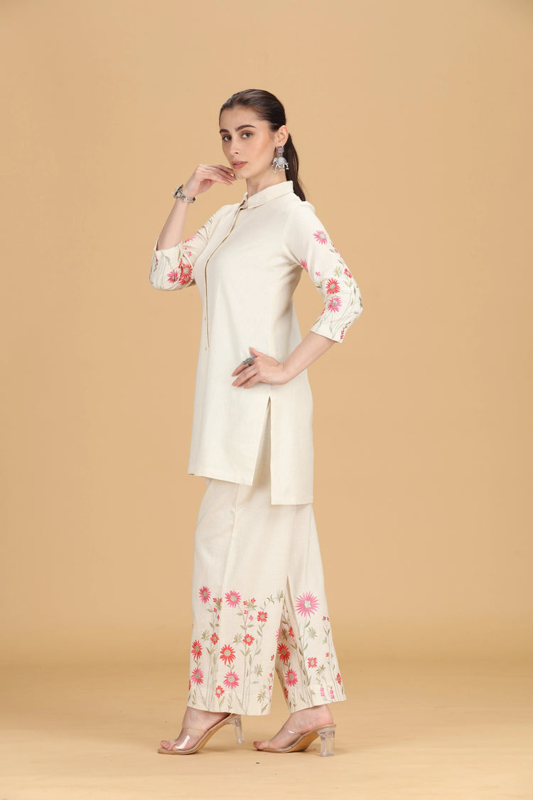 Cream Cotton Flex Embroidered Straight Kurta Pant Co ord Set