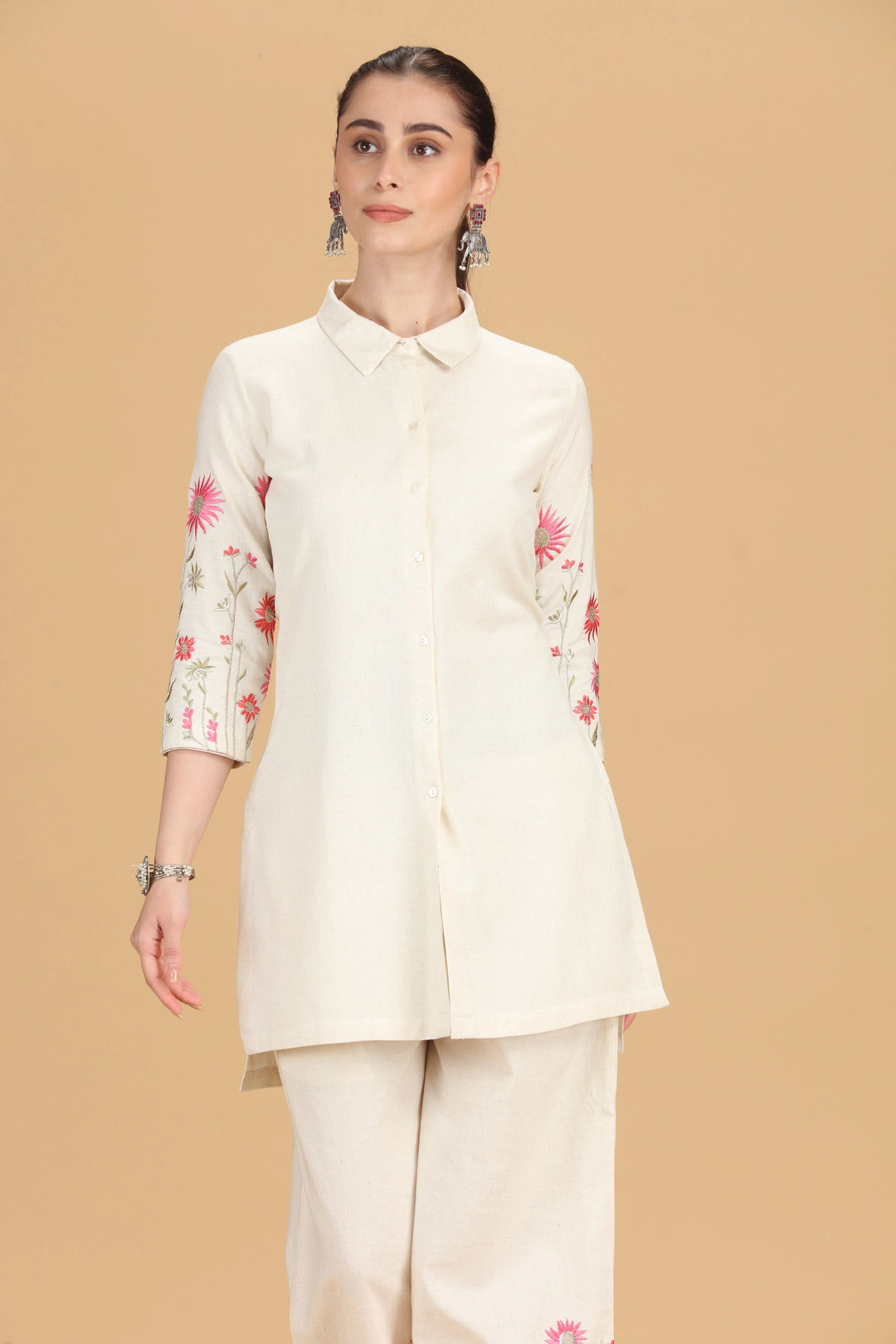 Cream Cotton Flex Embroidered Straight Kurta Pant Co ord Set