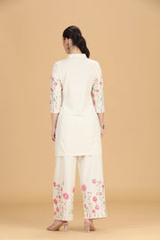 Cream Cotton Flex Embroidered Straight Kurta Pant Co ord Set