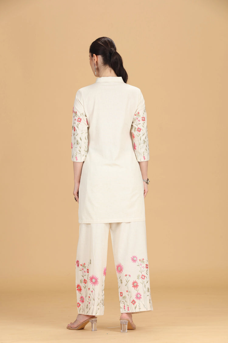 Cream Cotton Flex Embroidered Straight Kurta Pant Co ord Set