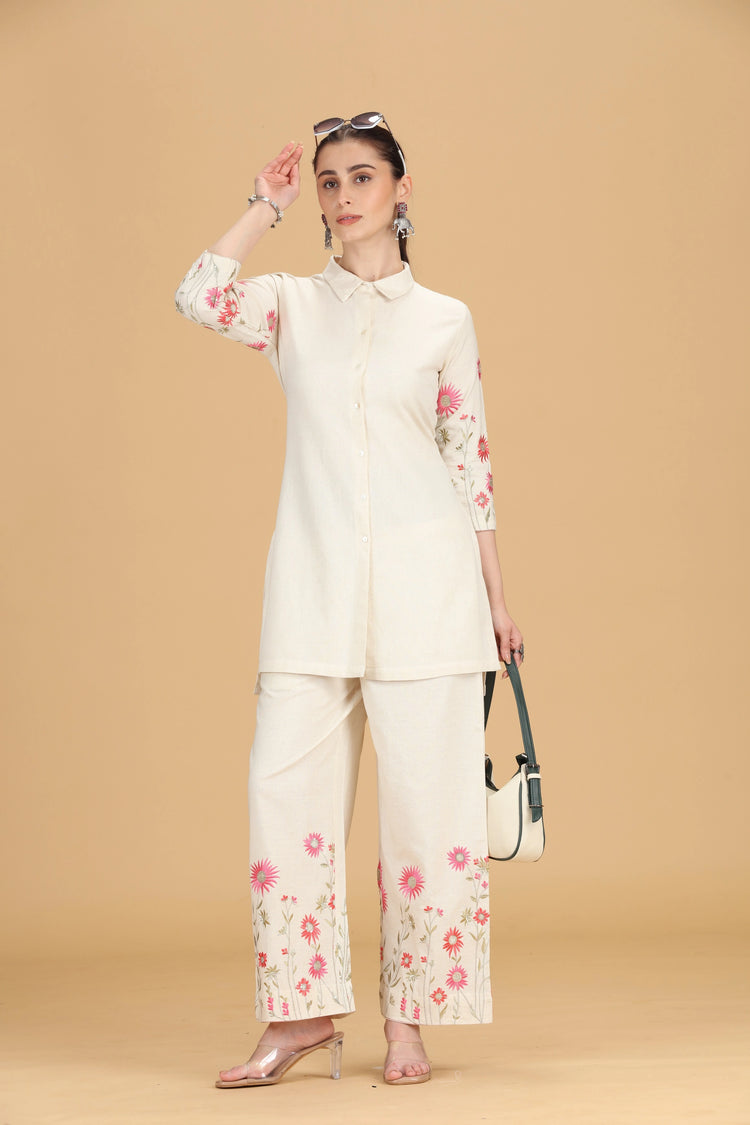 Cream Cotton Flex Embroidered Straight Kurta Pant Co ord Set