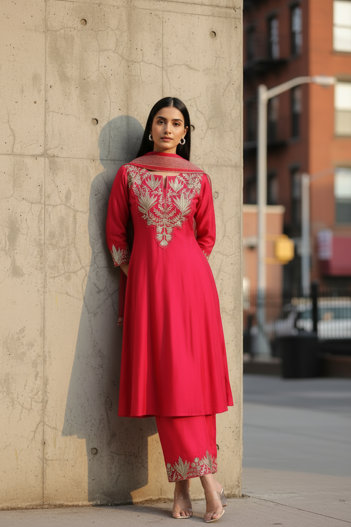 Pink Viscose Embroidered A Line Kurta Palazzo and Dupatta Suit Set