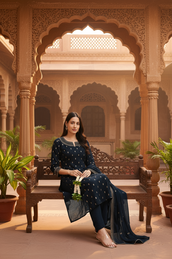 Bottle Green Embroidered A-Line Ethnic Set