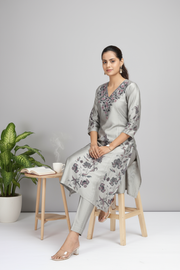 Gray PolySilk Embroidered Straight Kurta Pant Co ord Set