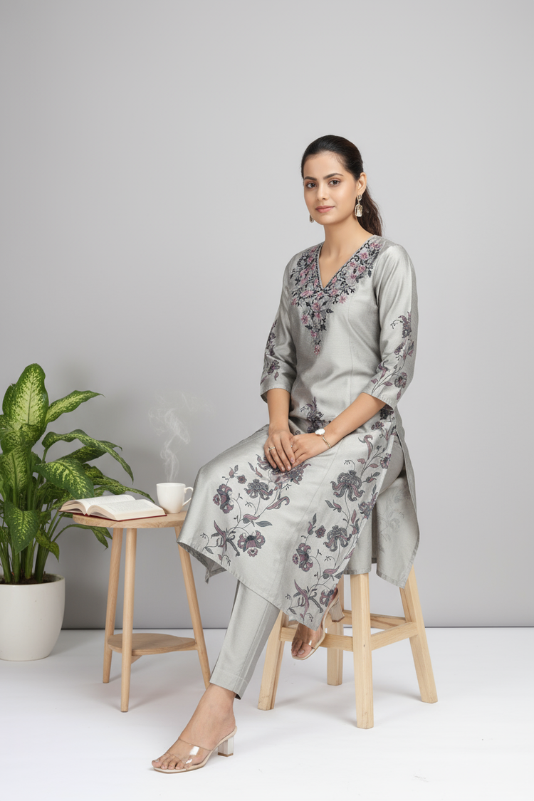 Gray PolySilk Embroidered Straight Kurta Pant Co ord Set
