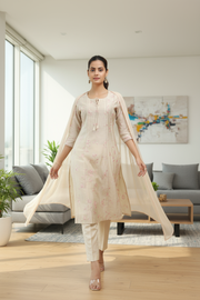 Cream Chanderi Embroidered A Line Kurta Pant and Dupatta Suit Set