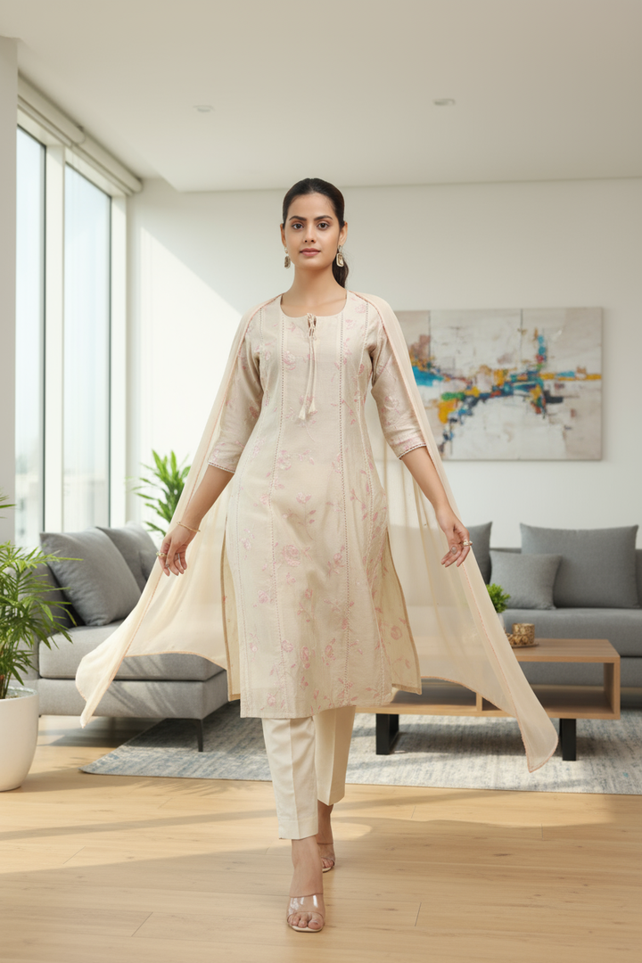 Cream Chanderi Embroidered A Line Kurta Pant and Dupatta Suit Set