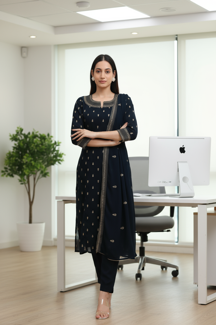 Navy Blue Georgette Embroidered A Line Kurta Pant and Dupatta Suit Set