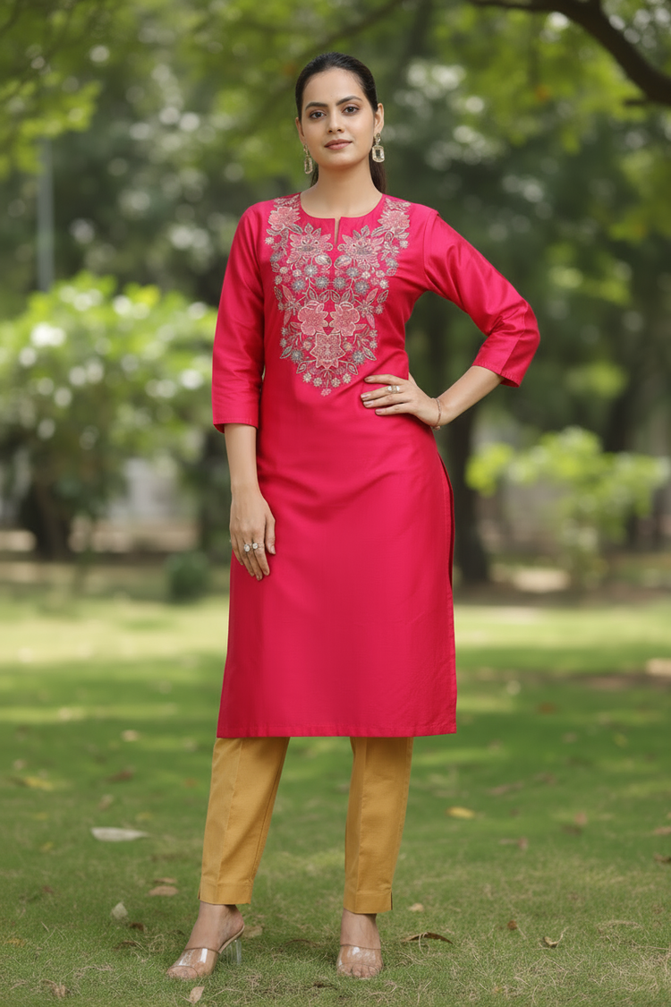 Pink PolySilk Straight Embroidered Kurta