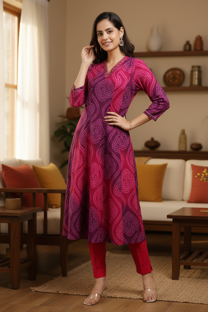 Purple Cotton Bandhani Digital Print A Line Kurta