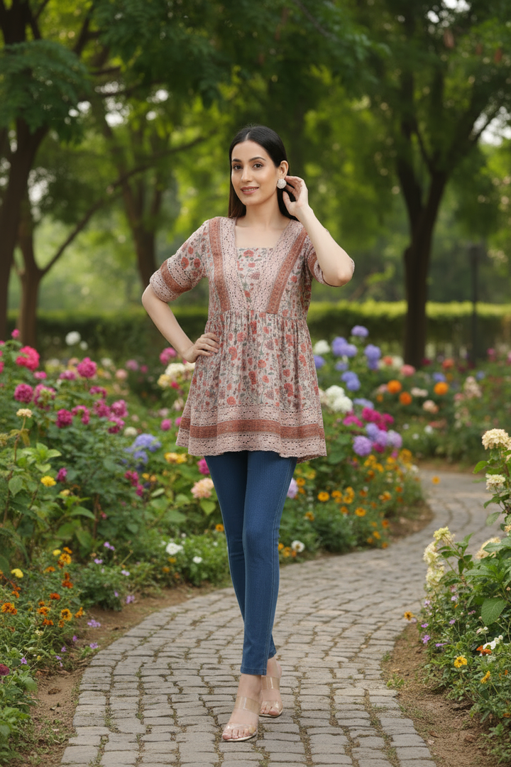 Cream Georgette Printed Gathered Tunic