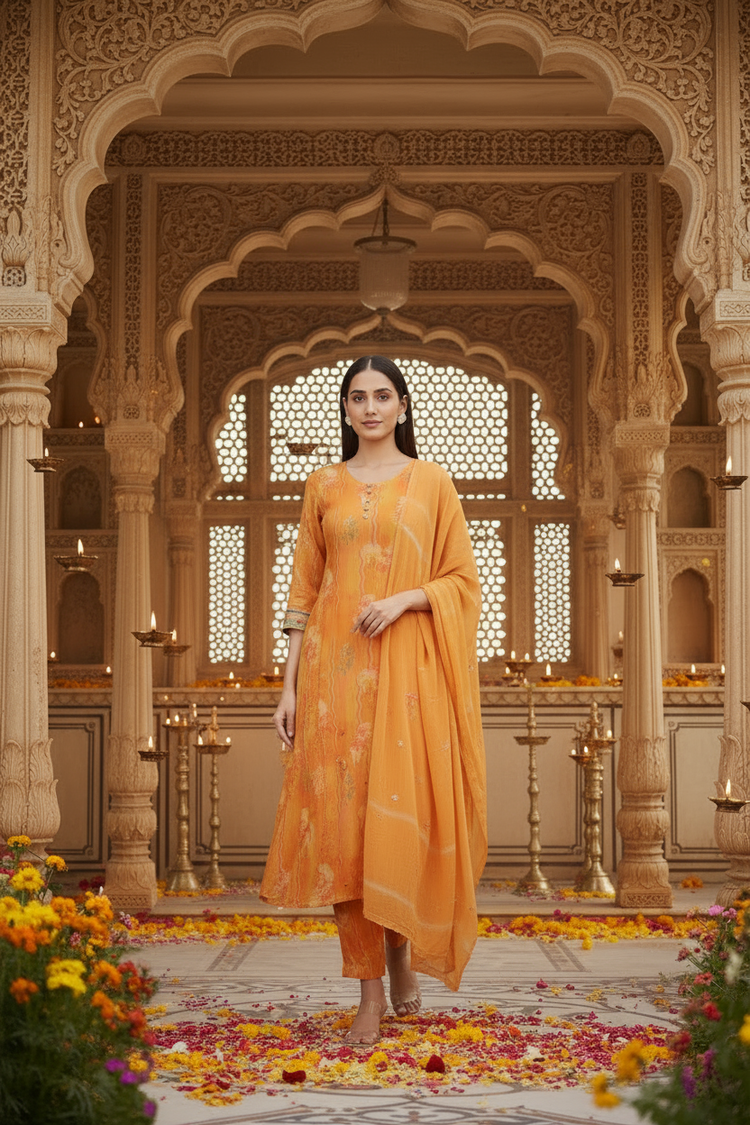 Orange Chinnon Embroidered Straight Kurta Pant and Dupatta Suit Set