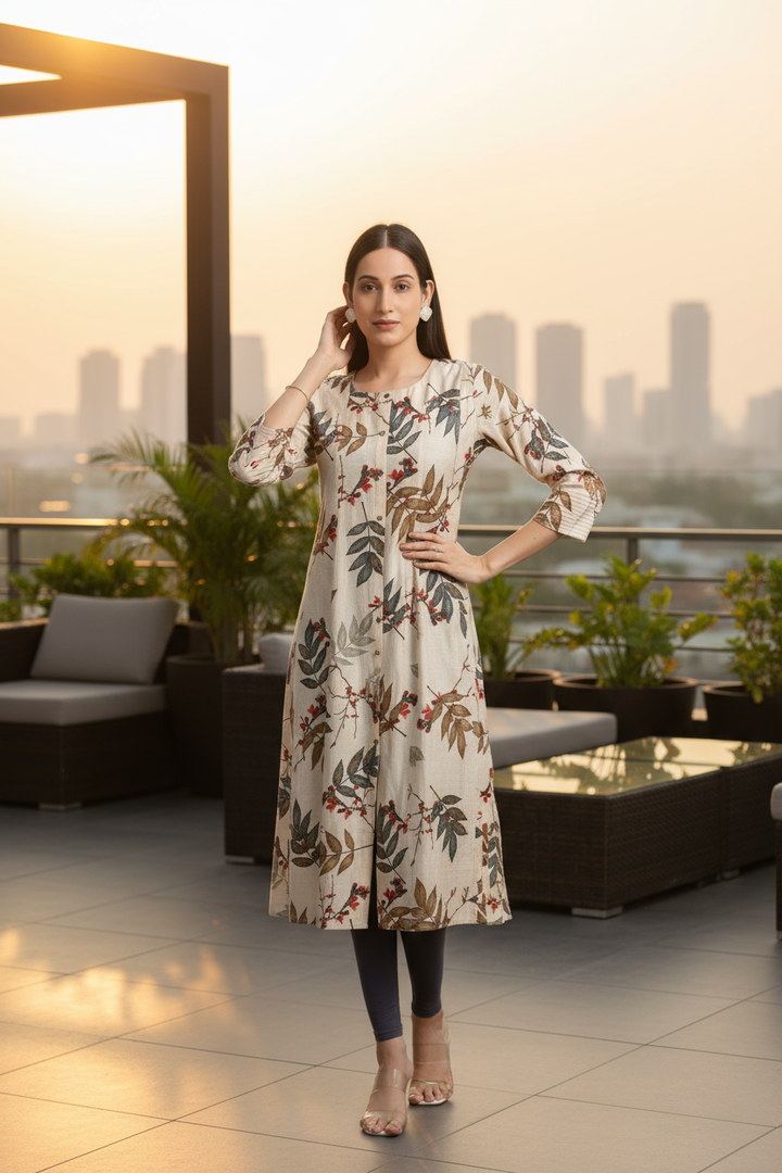 Cream Viscose Printed A Line Kurta