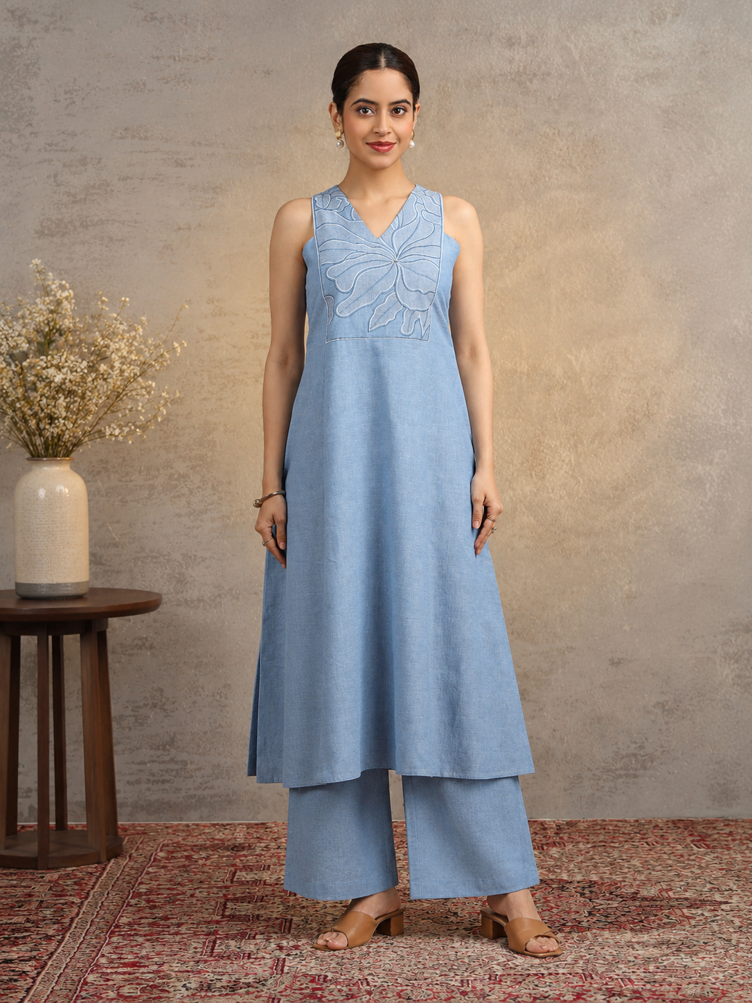 Light Blue Embroidered Sleeveless kurta Palazzo Co-ord Set