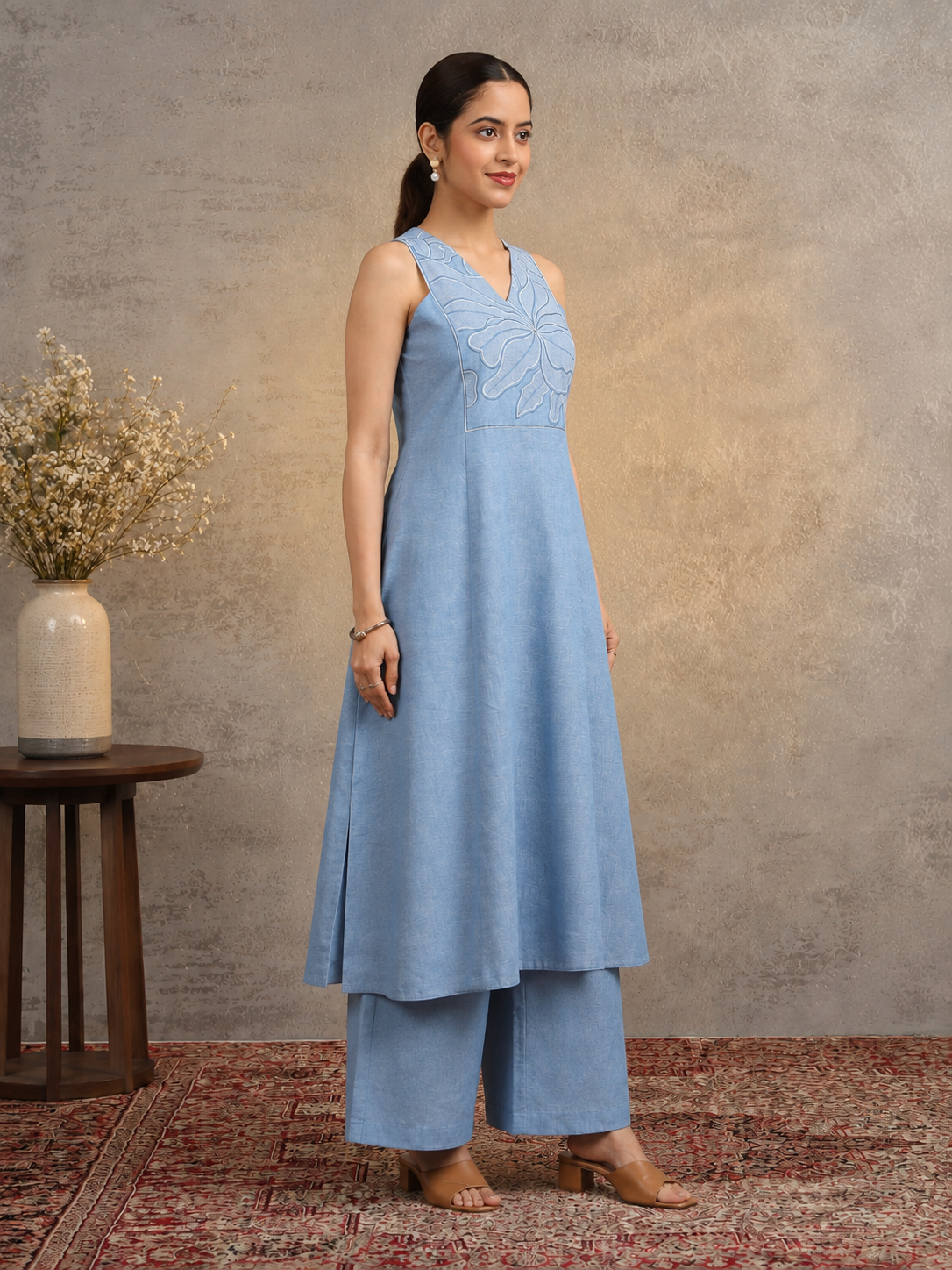 Light Blue Embroidered Sleeveless kurta Palazzo Co-ord Set