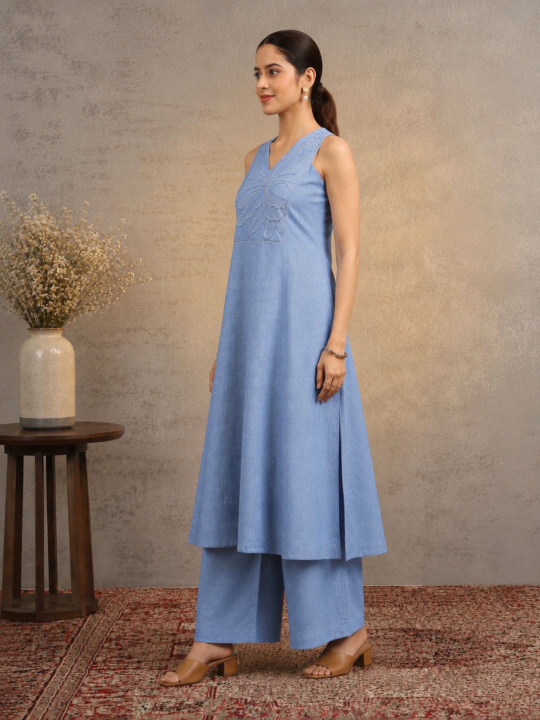 Light Blue Embroidered Sleeveless kurta Palazzo Co-ord Set