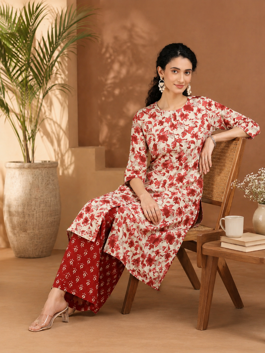 Pink Floral Printed A-Line Cotton Co-ord Set