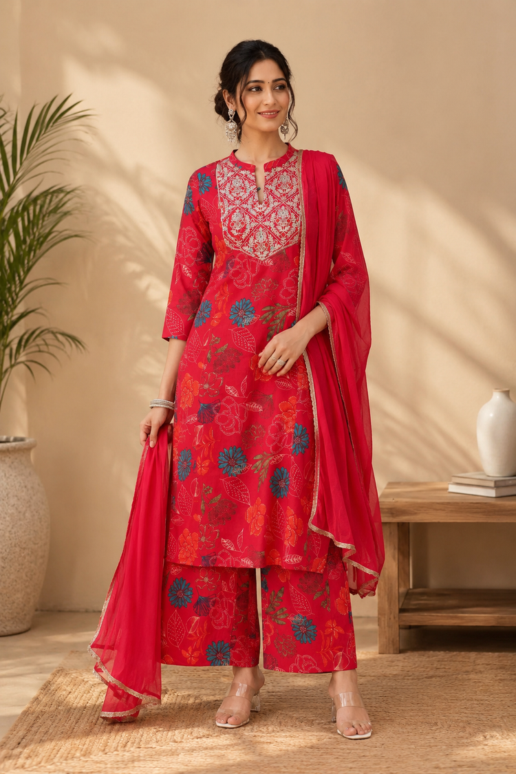 Rani Pink Floral Embroidered Straight Ethnic Set