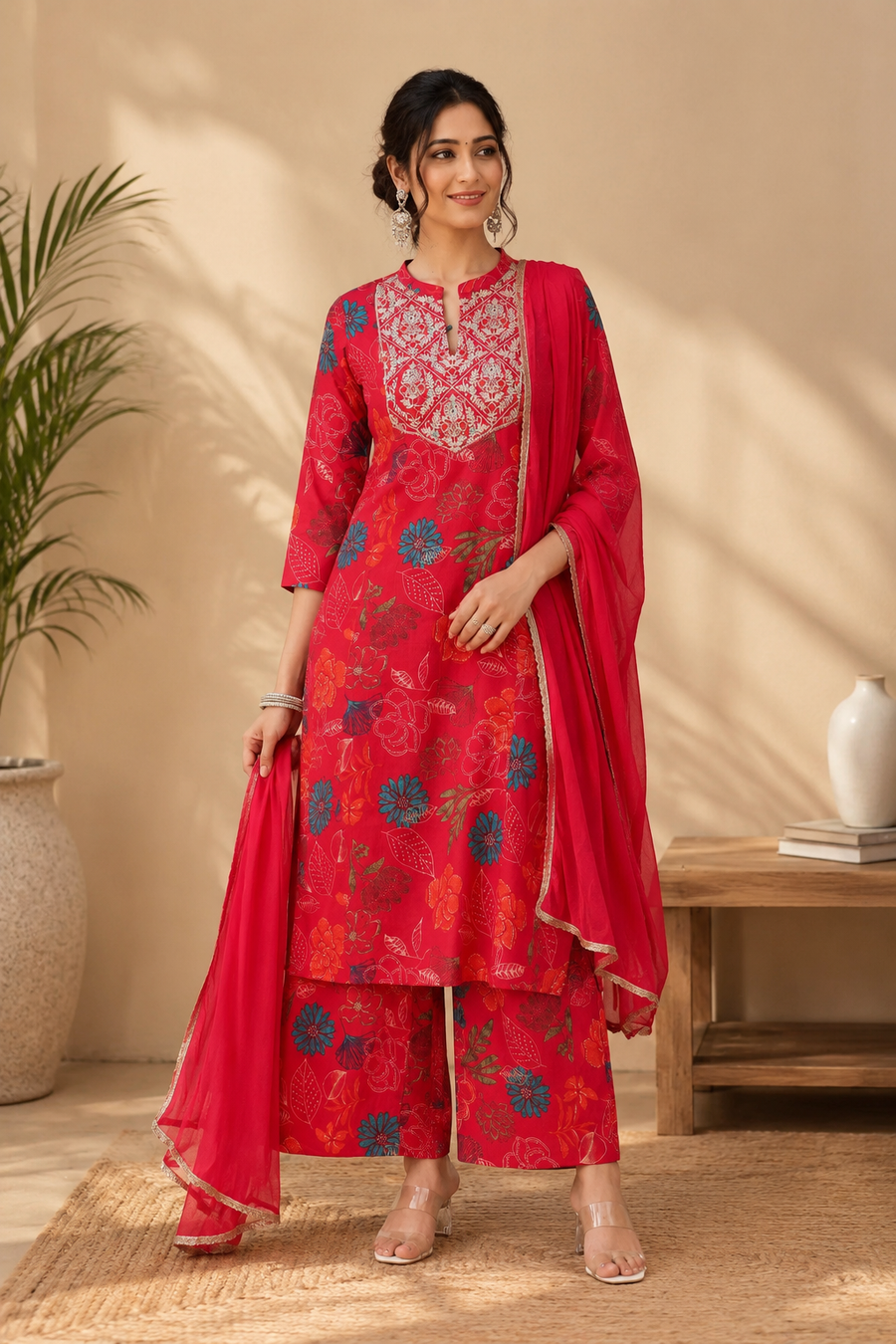 Rani Pink Floral Embroidered Straight Ethnic Set