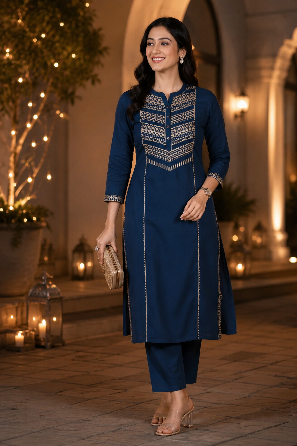 Blue Embroidered Straight Co ord Set