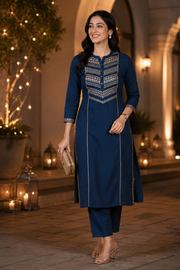 Blue Embroidered Straight Co ord Set