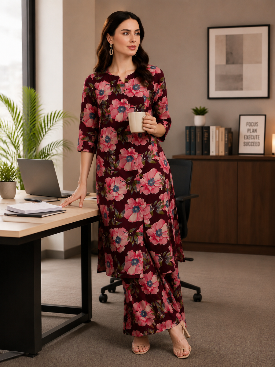 Wine Rayon Printed Straight Kurta Pant Co ord Set