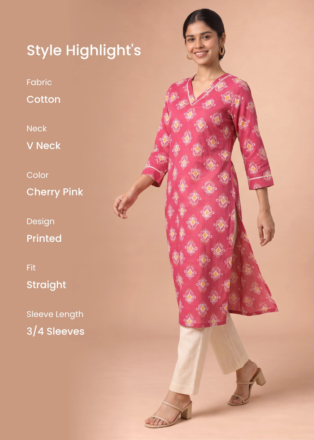 Cherry Pink Printed V-Neck Straight Kurta