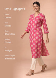 Cherry Pink Printed V-Neck Straight Kurta