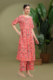 Coral Cotton Flex Printed A Line Kurta Pant Co ord Set