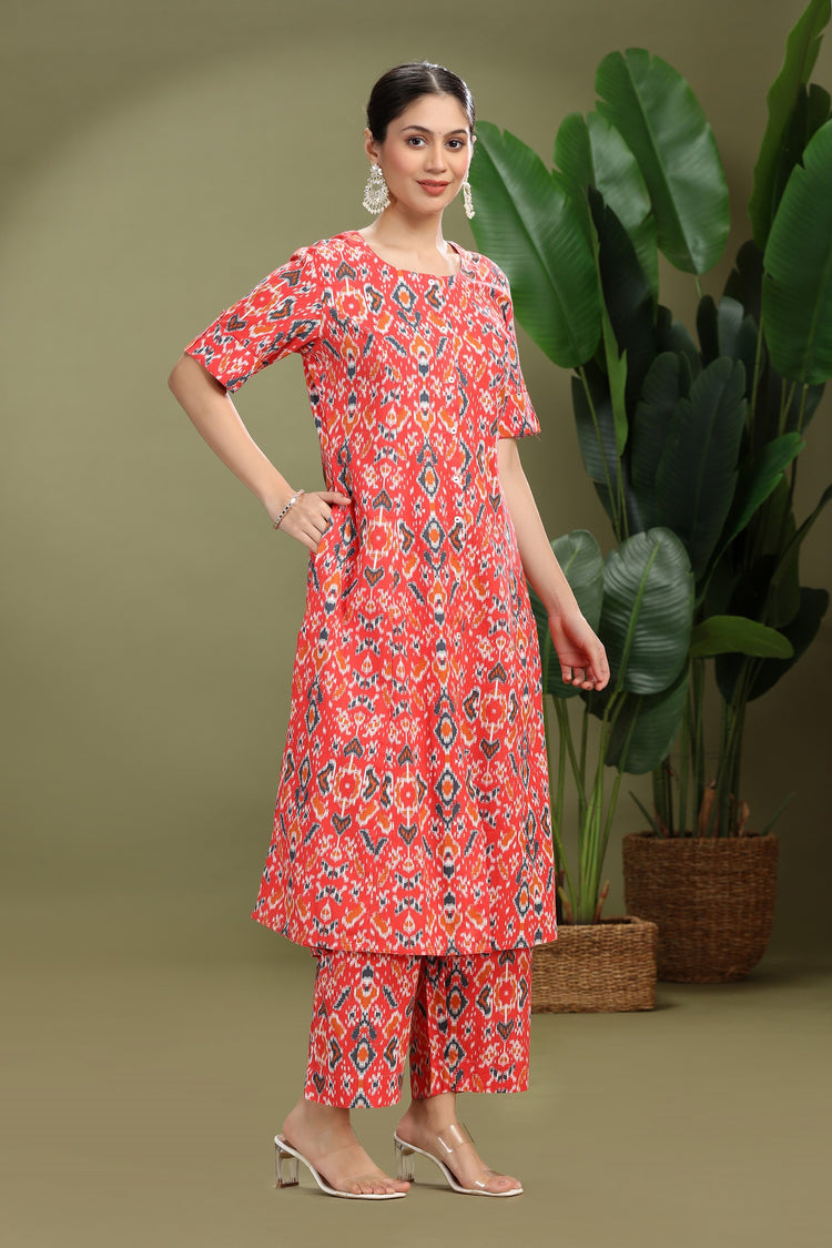 Coral Cotton Flex Printed A Line Kurta Pant Co ord Set