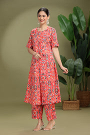 Coral Cotton Flex Printed A Line Kurta Pant Co ord Set
