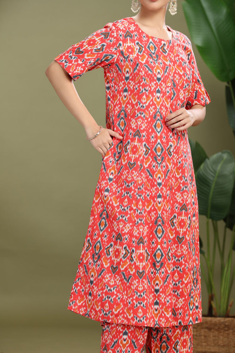 Coral Cotton Flex Printed A Line Kurta Pant Co ord Set