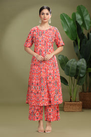Coral Cotton Flex Printed A Line Kurta Pant Co ord Set