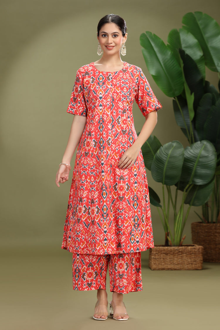 Coral Cotton Flex Printed A Line Kurta Pant Co ord Set