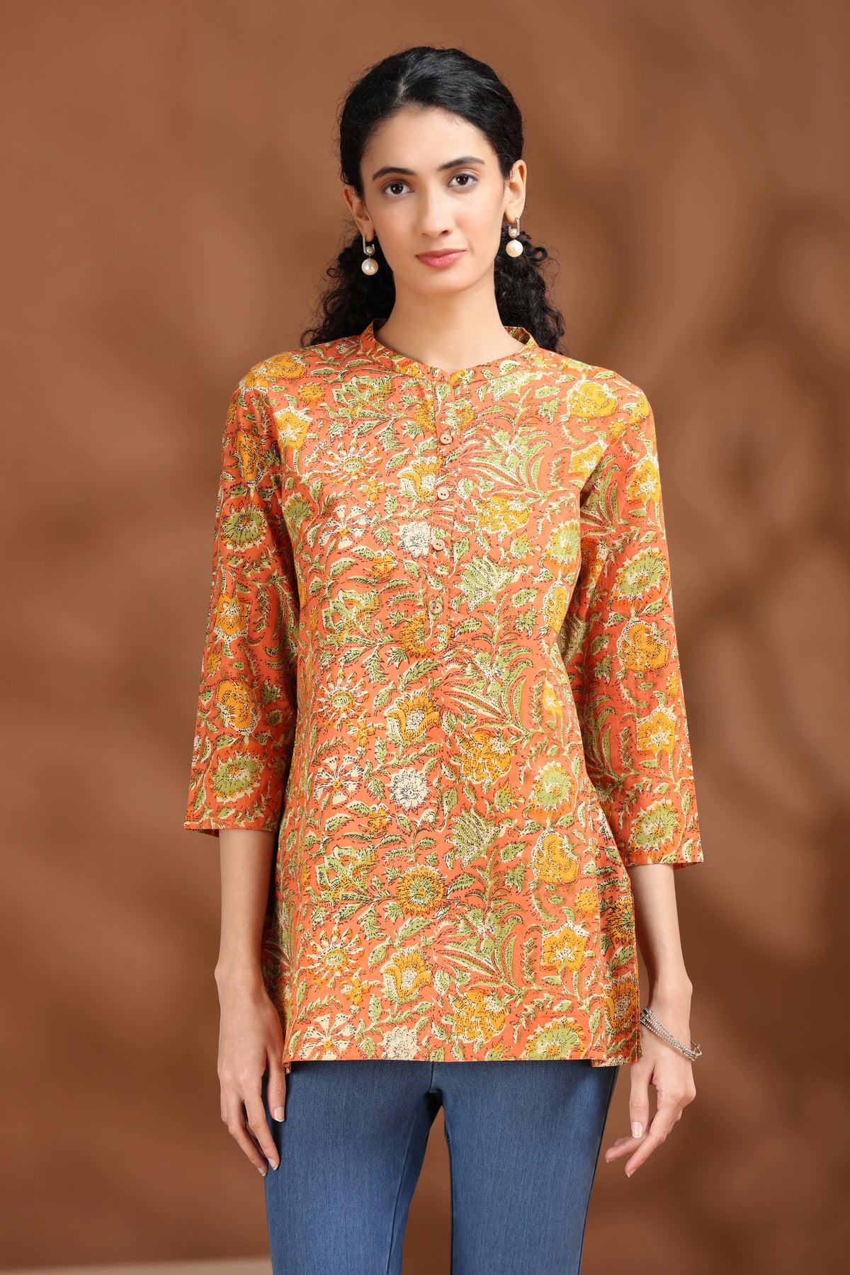 Coral Orange Floral Printed Cotton Tunic