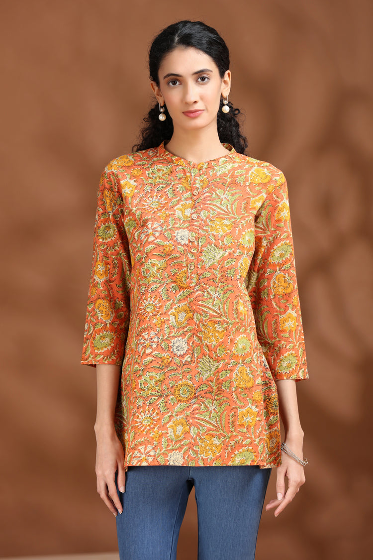 Coral Orange Floral Printed Cotton Tunic