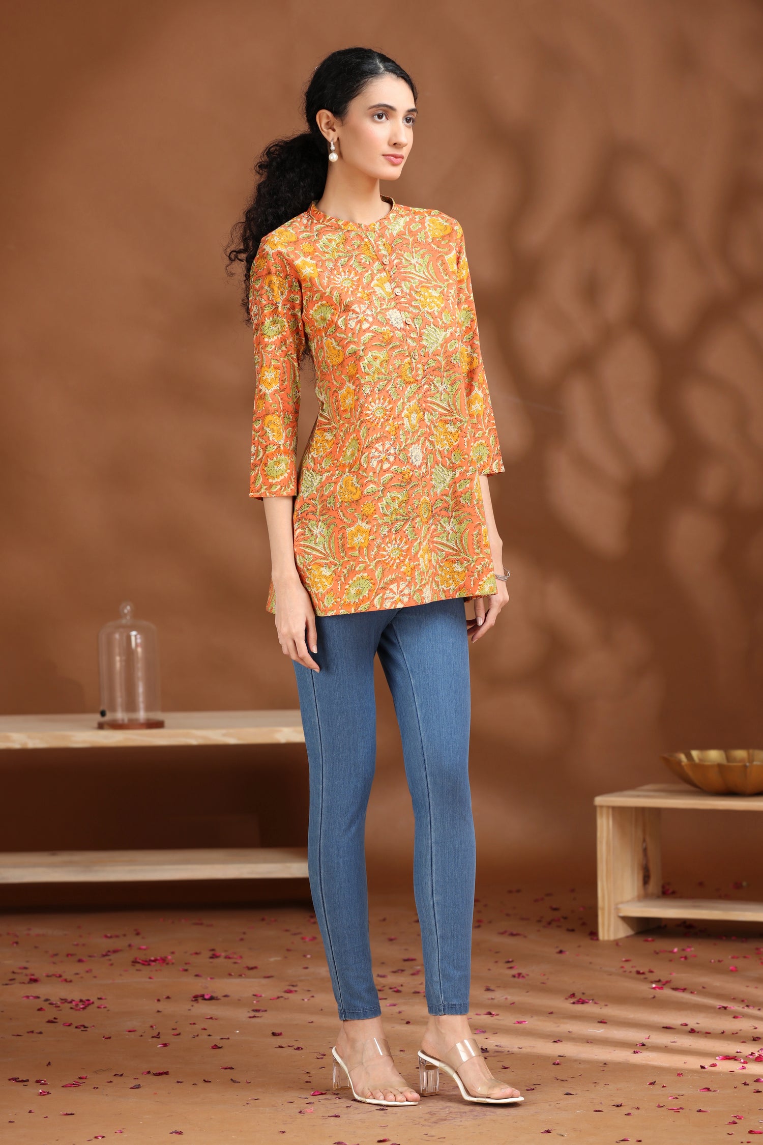 Coral Orange Floral Printed Cotton Tunic