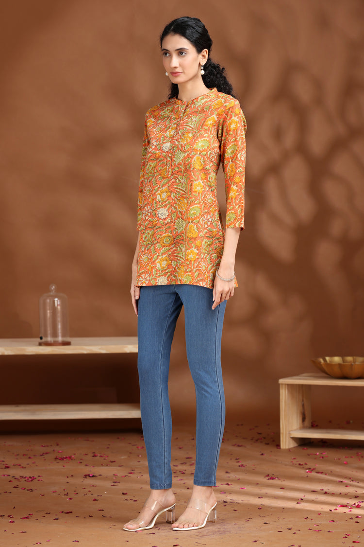 Coral Orange Floral Printed Cotton Tunic