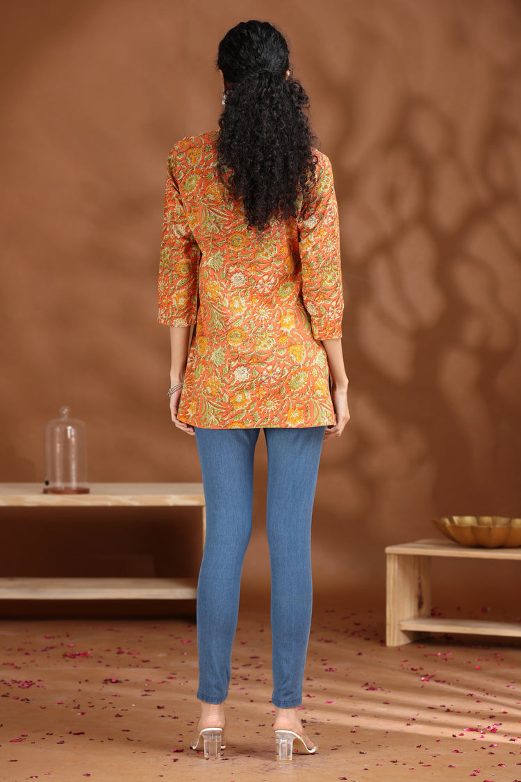 Coral Orange Floral Printed Cotton Tunic