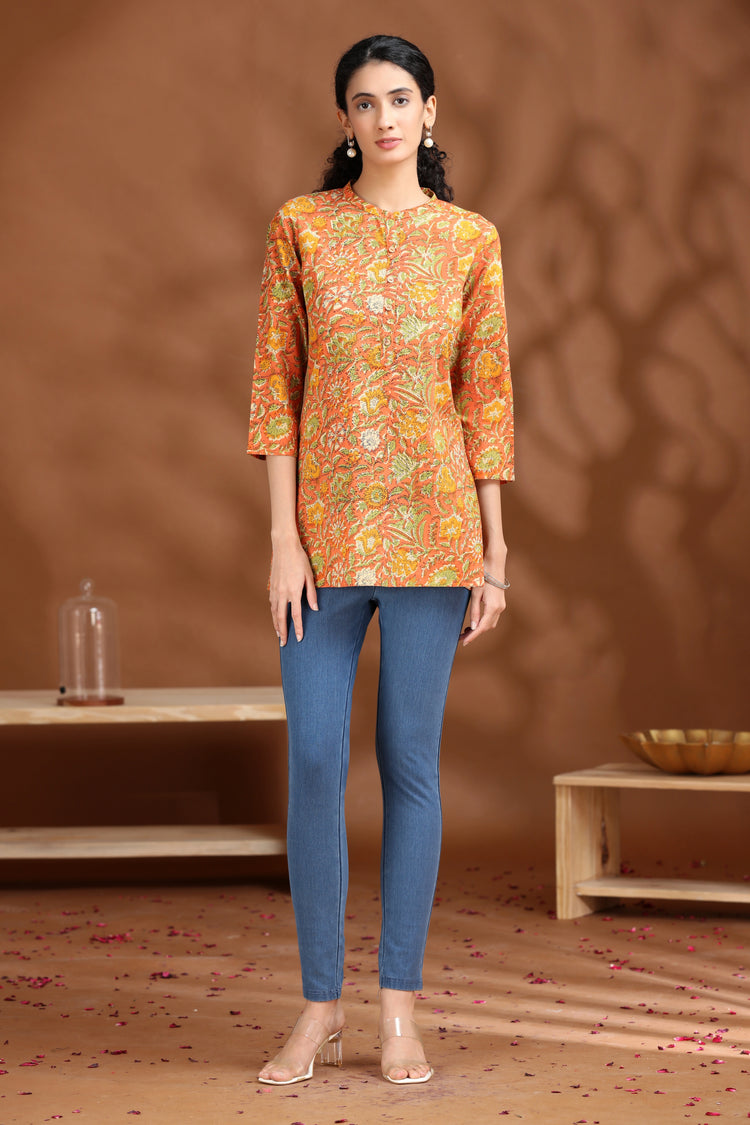 Coral Orange Floral Printed Cotton Tunic