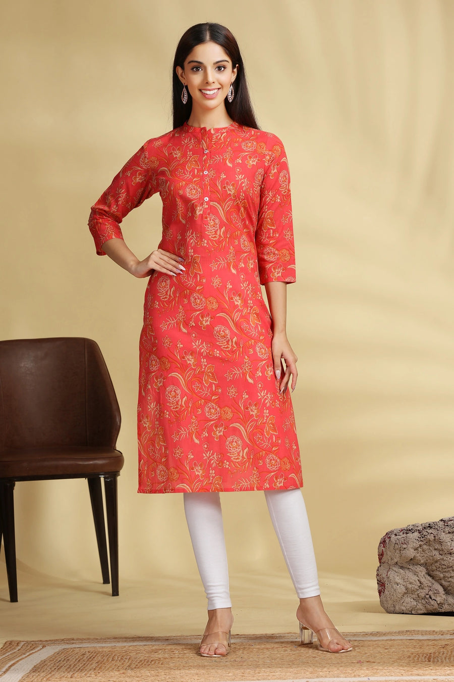 Coral Pink Floral Printed Cotton Straight Kurta