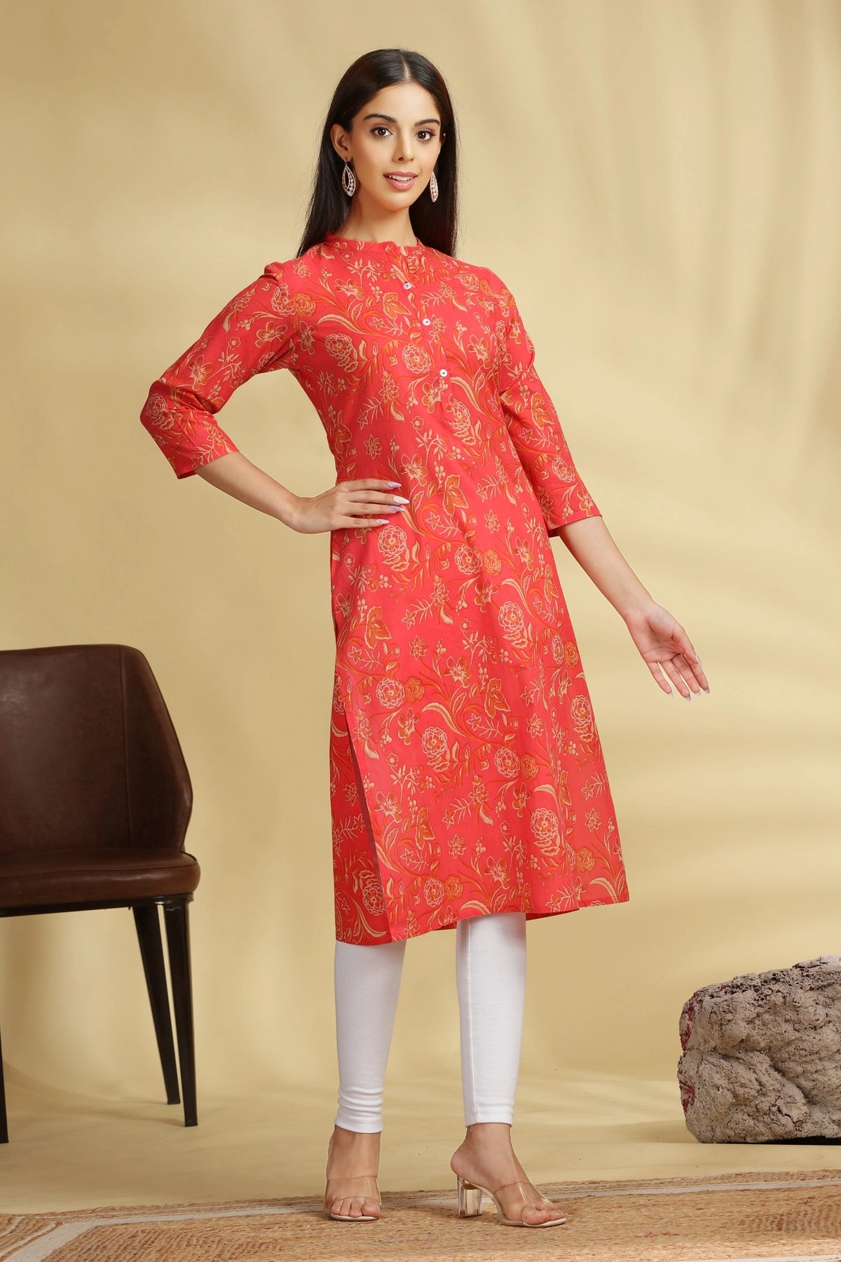 Coral Pink Floral Printed Cotton Straight Kurta for women