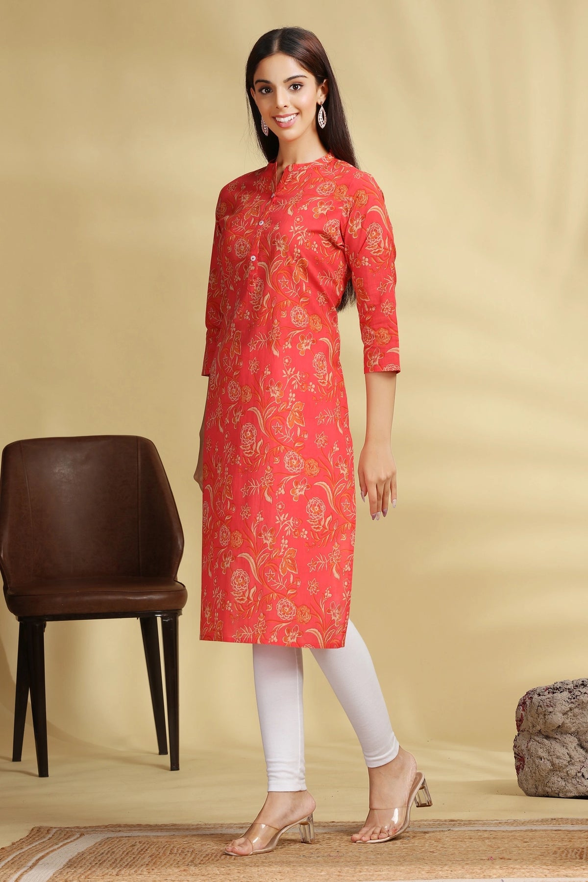 Coral Pink Floral Printed Cotton Straight Kurta for women