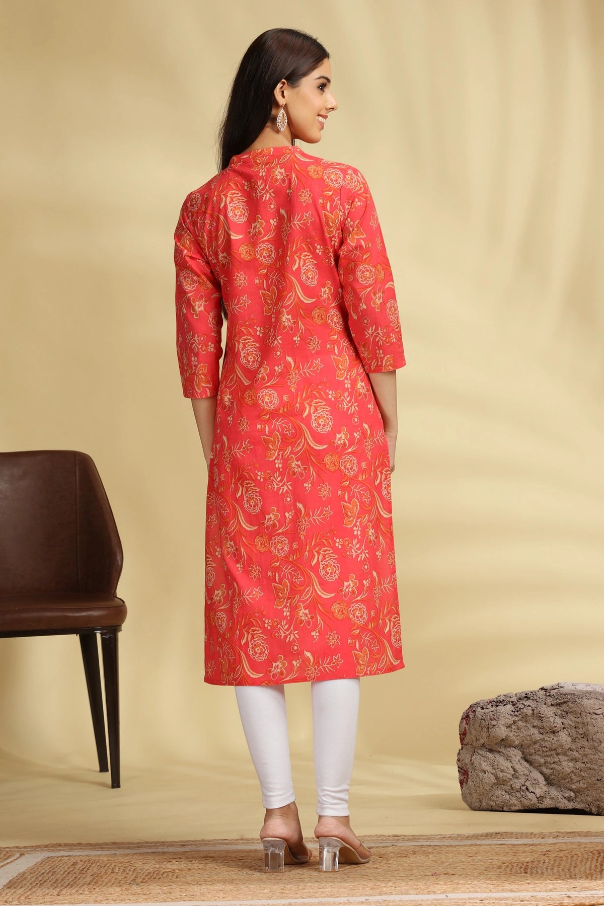 Coral Pink Floral Printed Cotton Straight Kurta for women