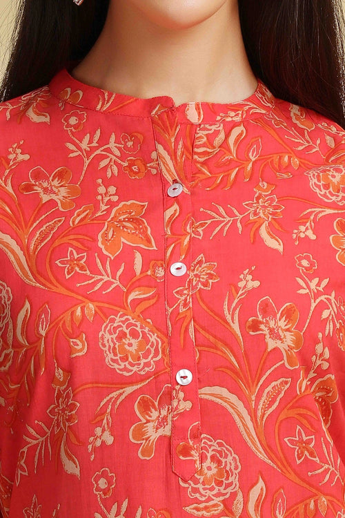 Coral Pink Floral Printed Cotton Straight Kurta for women