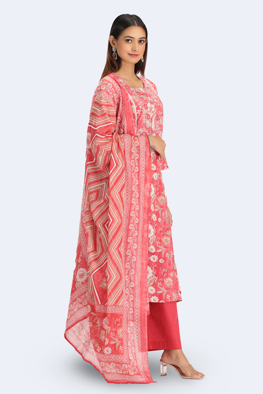 Coral Pink Jaipuri Cotton Embroidered Straight Kurta Pant and Dupatta Suit Set