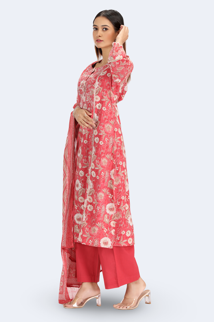 Coral Pink Jaipuri Cotton Embroidered Straight Kurta Pant and Dupatta Suit Set