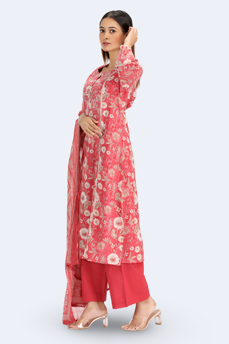 Coral Pink Jaipuri Cotton Embroidered Straight Kurta Pant and Dupatta Suit Set