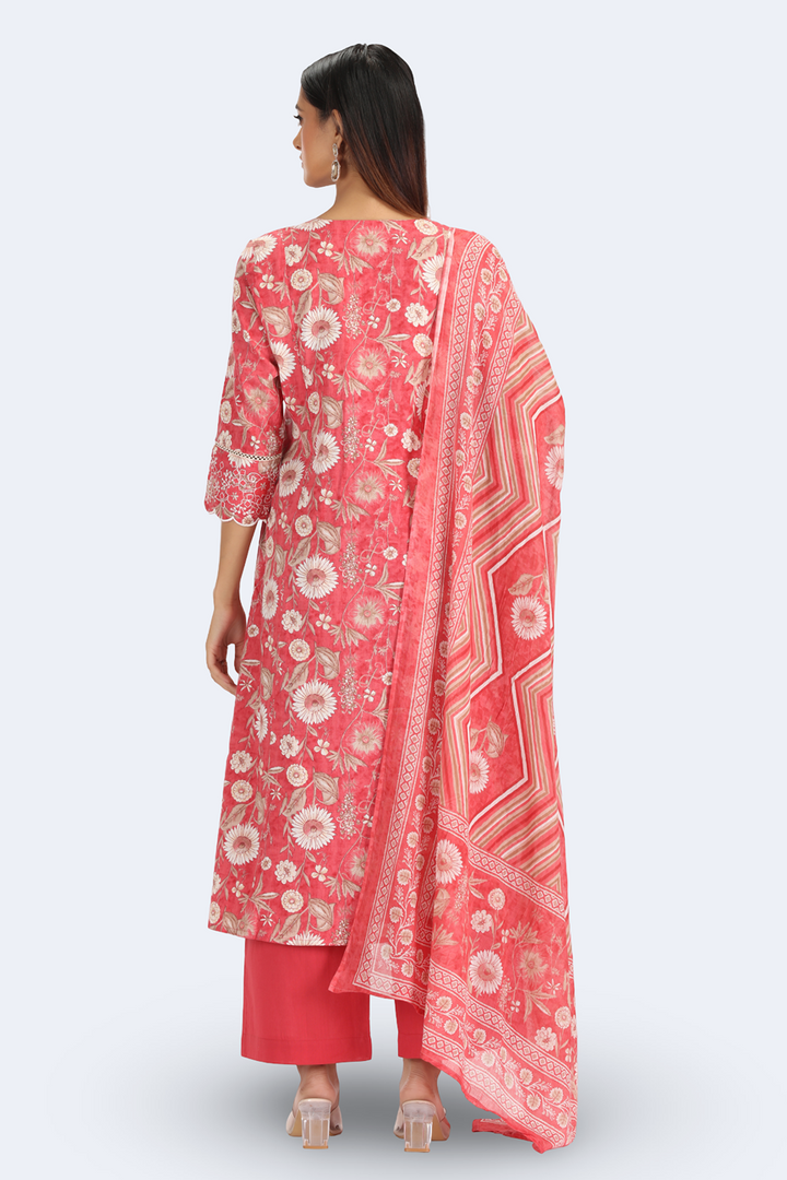 Coral Pink Jaipuri Cotton Embroidered Straight Kurta Pant and Dupatta Suit Set