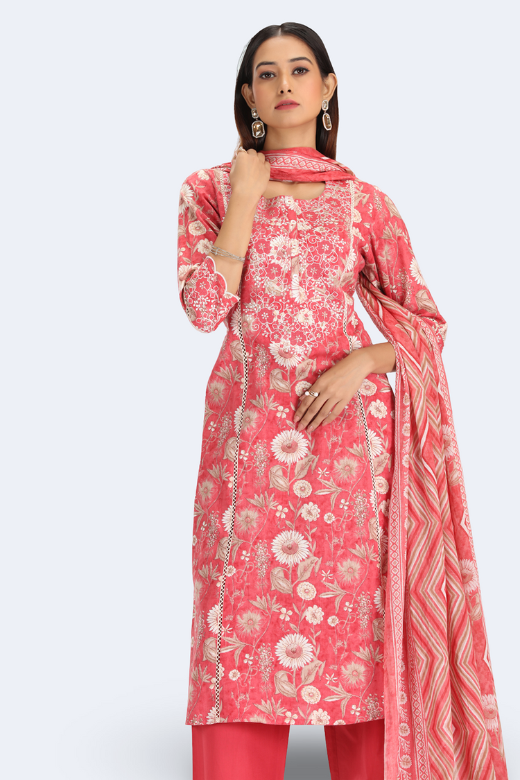 Coral Pink Jaipuri Cotton Embroidered Straight Kurta Pant and Dupatta Suit Set